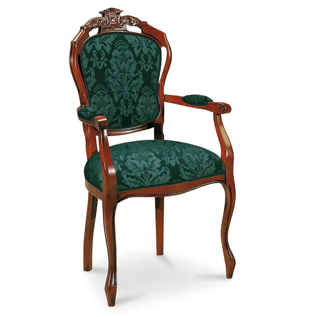 Medaillonstuhl mit Armlehnen in Nussbaumfarben Bezug Dunkelgrün Webstoff