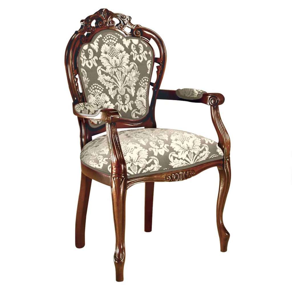 Barocker Armlehnstuhl in Nussbaumfarben Bezug Taupe Cremeweiß