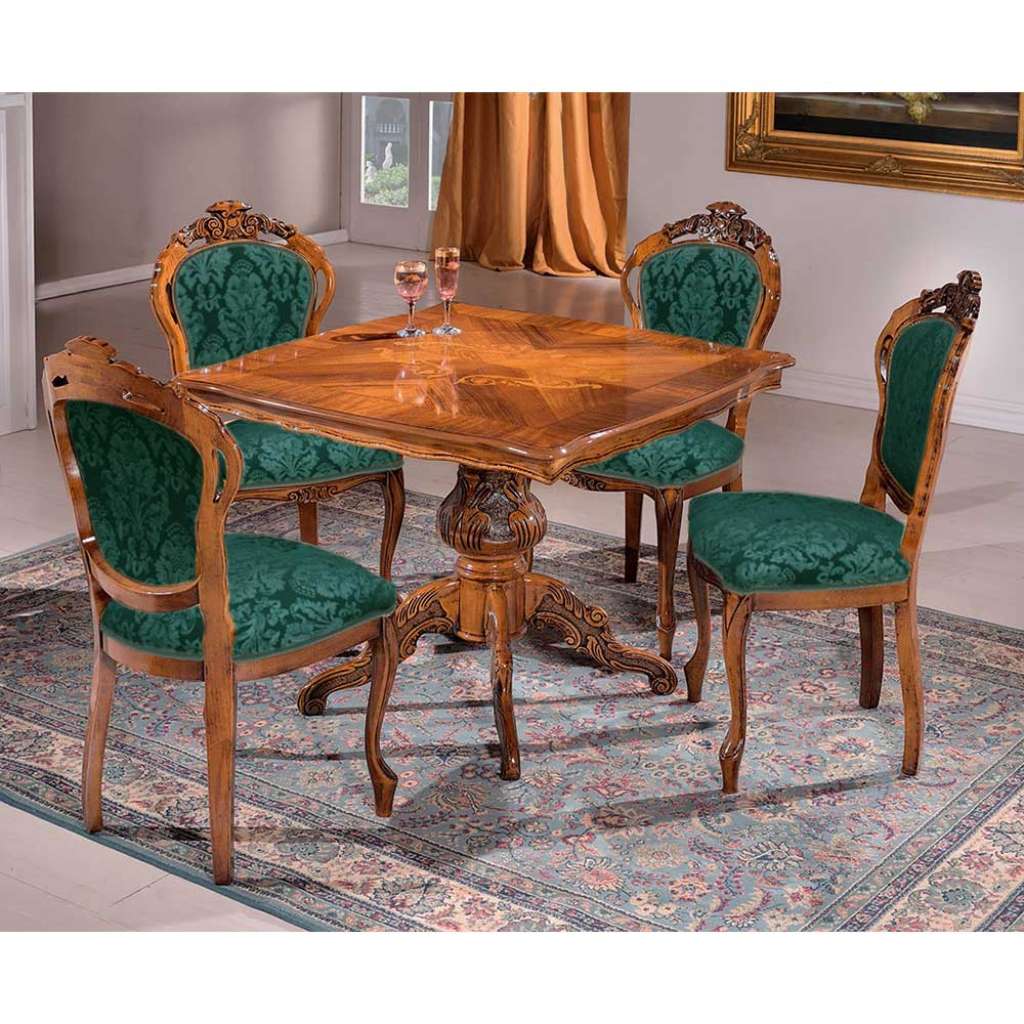 Essgruppe 4 Stühle im Barockstil Nussbaumfarben und Grün (fünfteilig)