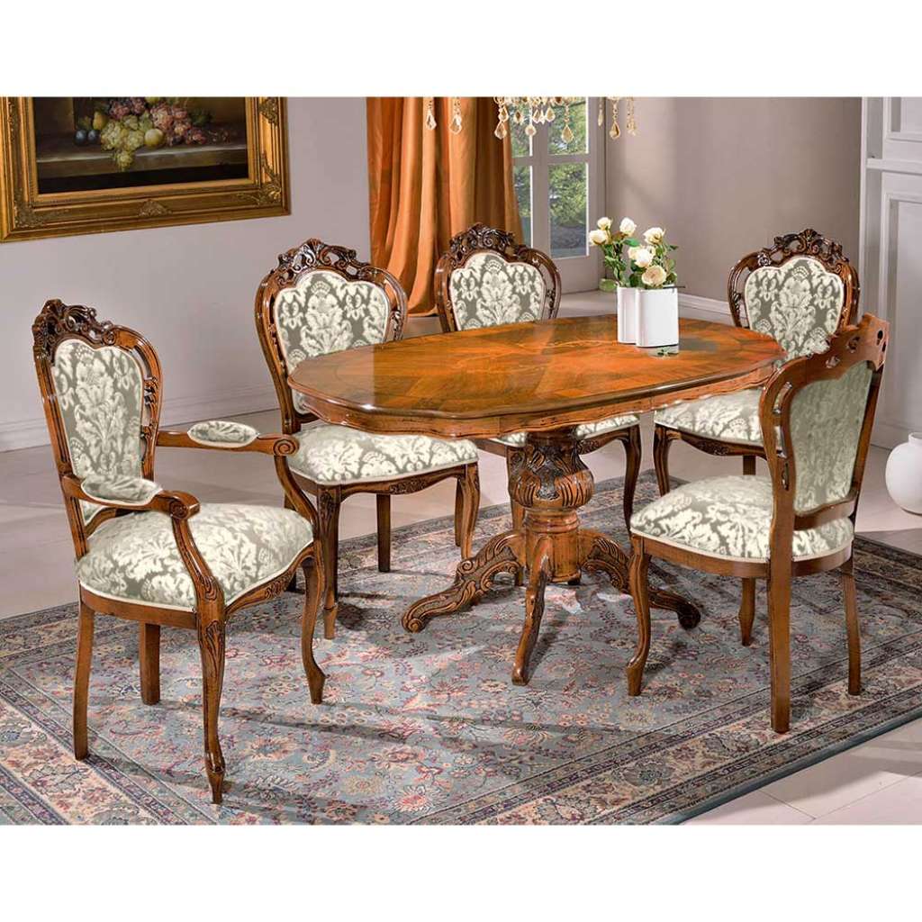 Esszimmersitzgruppe im Barockstil Nussbaumfarben und Taupe (sechsteilig)