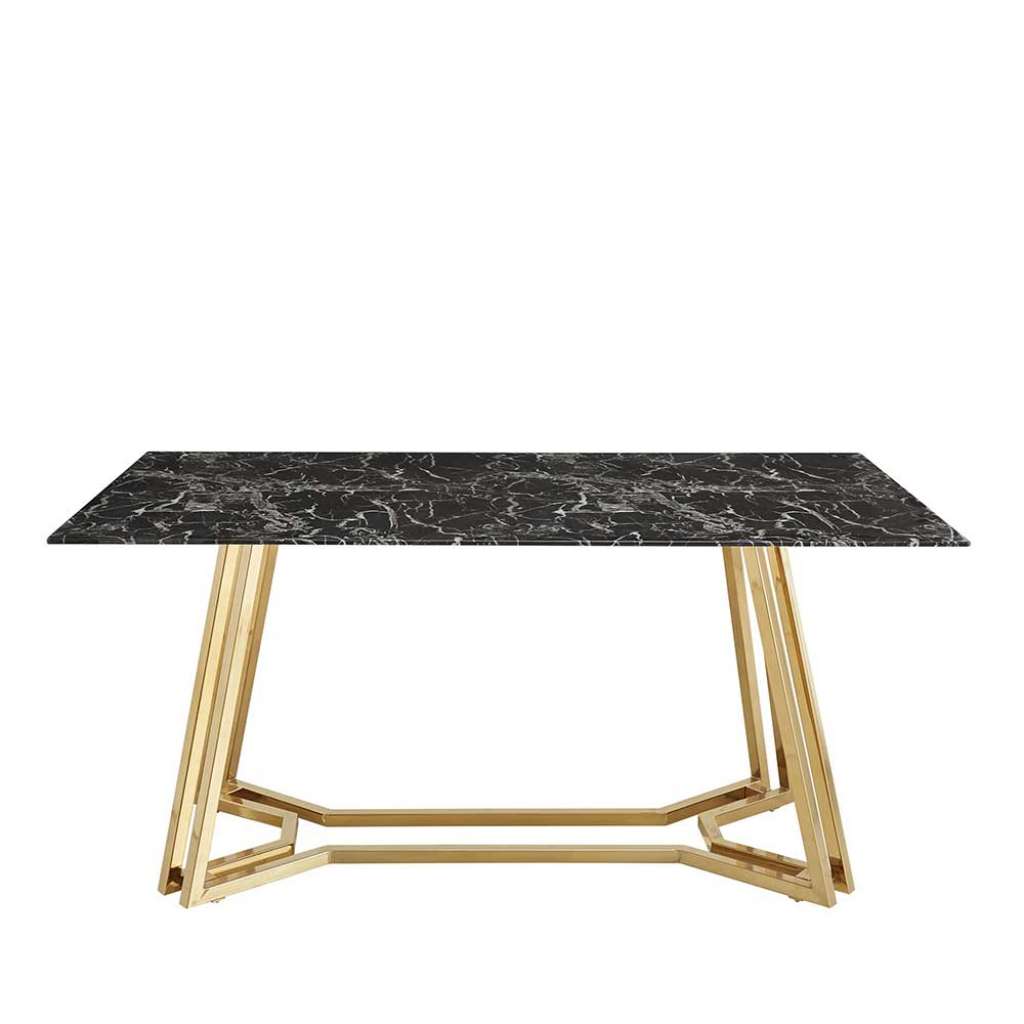 Design Esstisch mit Glasplatte schwarz marmoriert Metall Bügelgestell Goldfarben