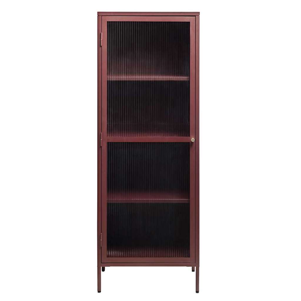 Wohnzimmer Vitrine aus Stahl und Glas Dunkelrot 160 cm hoch