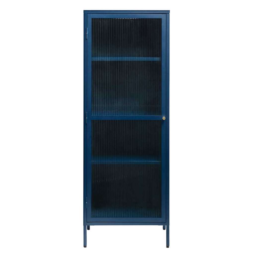 Moderner Vitrinenschrank in Blau Metall mit Glastür