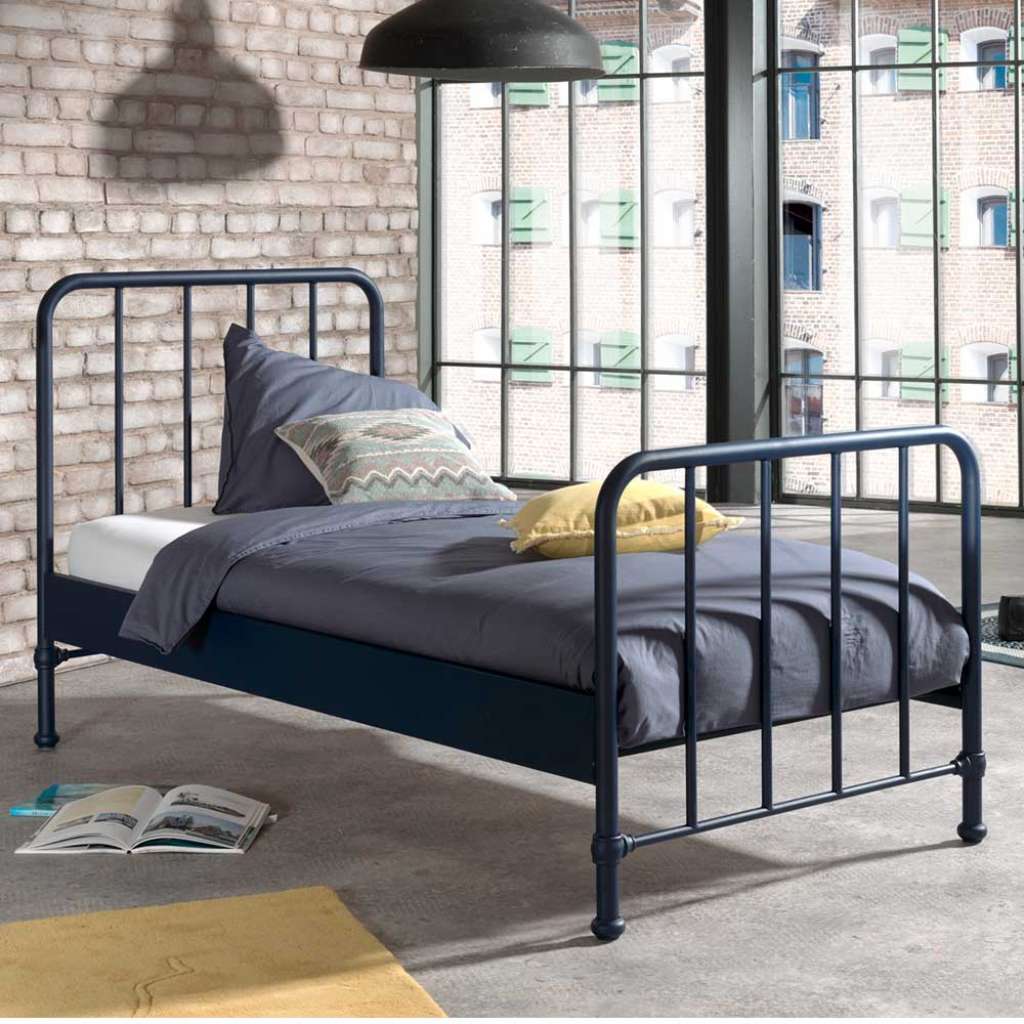 Retro Einzelbett aus Metall Blau pulverbeschichtet