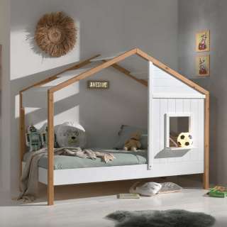 Kinderzimmerbett Hausform in Weiß Eichefarben