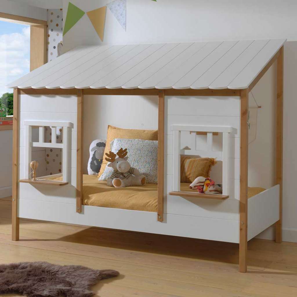 Kinderzimmer Hausbett mit Fenstern Weiß & Eichefarben