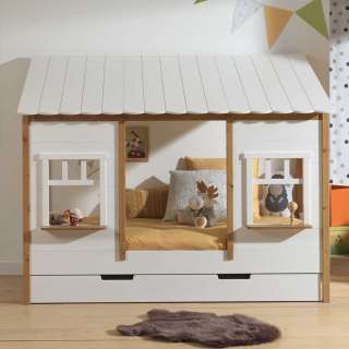 Kinder Landhausbett in Weiß und Eichefarben Bettkasten