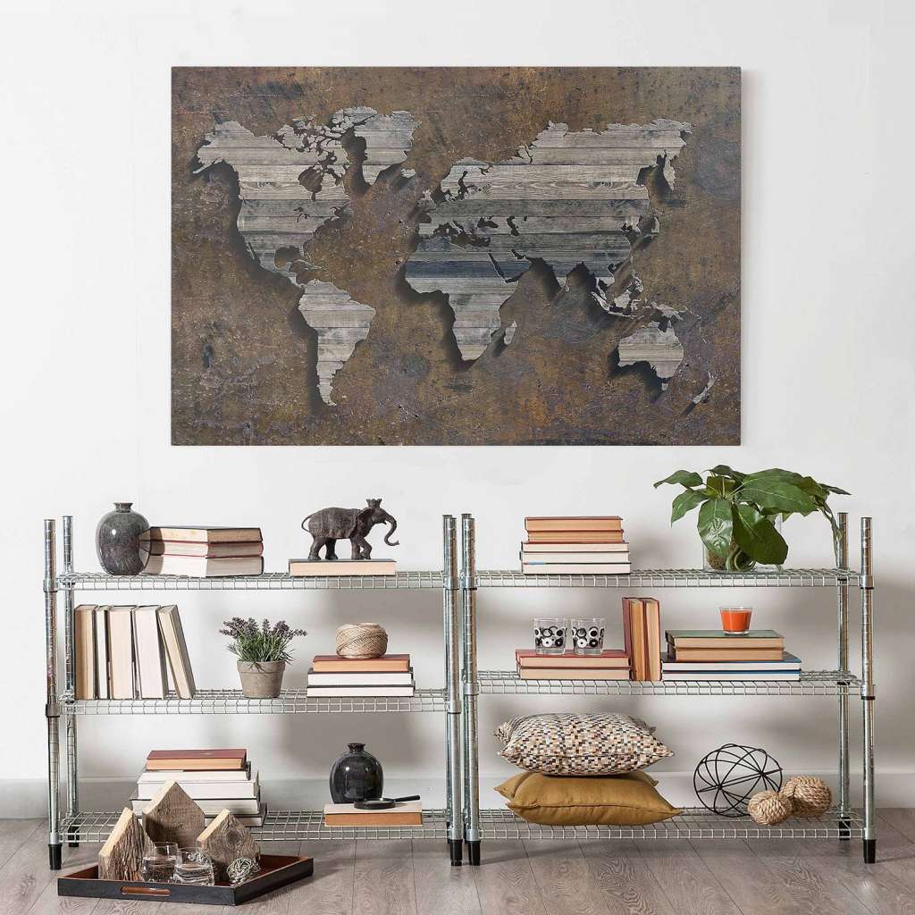 home24 Leinwandbild Holz Rost Weltkarte I