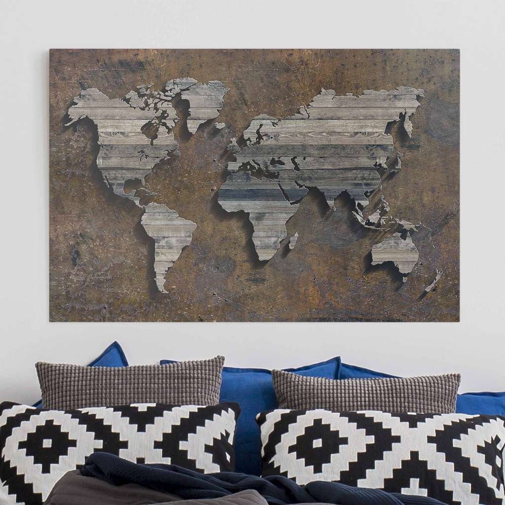 home24 Leinwandbild Holz Rost Weltkarte I