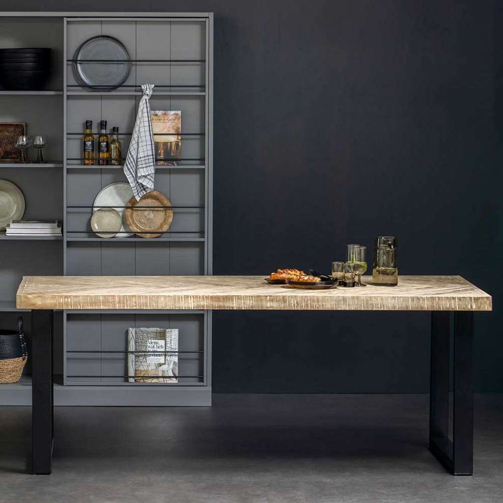 Tisch Herringbone Platte in Holz White Wash Schwarz