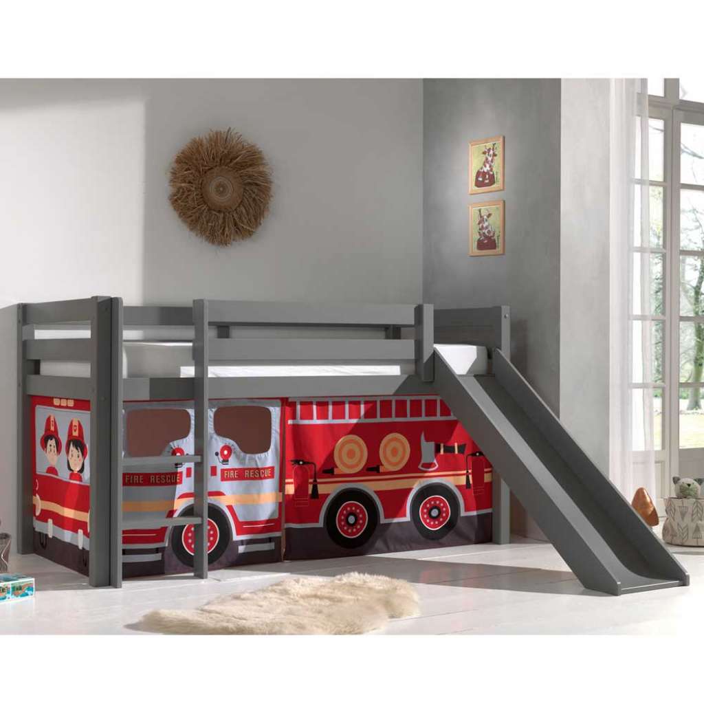 Graues Kinder Halbhochbett mit Rutsche Vorhang mit Feuerwehr Motiv