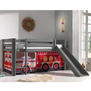 Graues Kinder Halbhochbett mit Rutsche Vorhang mit Feuerwehr Motiv