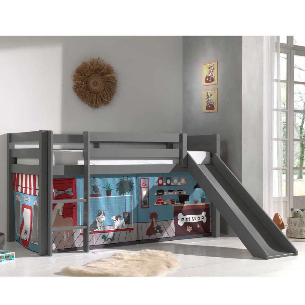 Rutschen Hochbett in Grau Vorhang mit Tier Motiven