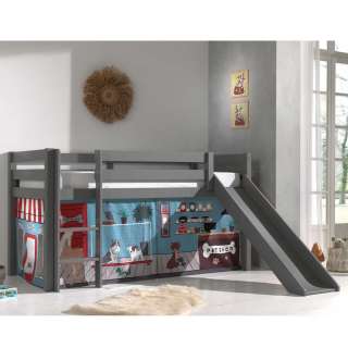 Rutschen Hochbett in Grau Vorhang mit Tier Motiven