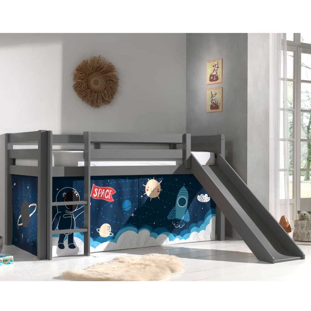 Kinderhochbett in Grau Vorhang mit Weltraum Motiv