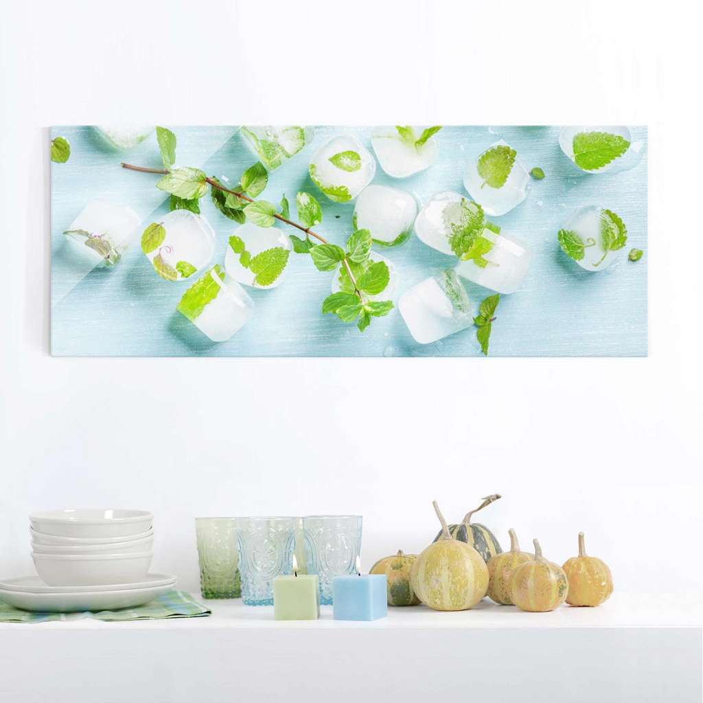 home24 Glasbild Eiswürfel mit Minzblättern