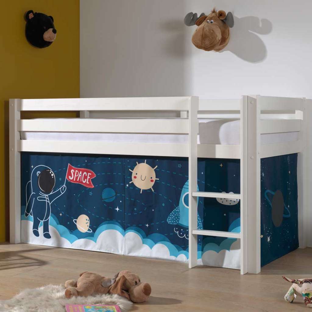 Kinder Hochbett aus Kiefer Massivholz Weiß lackiert mit Weltraum Vorhang