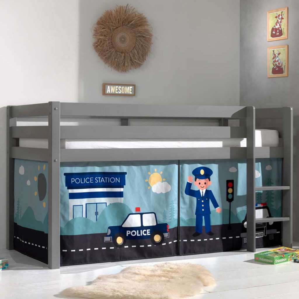 Kinder Hochbett aus Kiefer Massivholz Grau mit Leiter und Polizei Vorhang