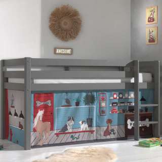 Kinder Halbhochbett aus Kiefer Massivholz Grau mit Tier Vorhang