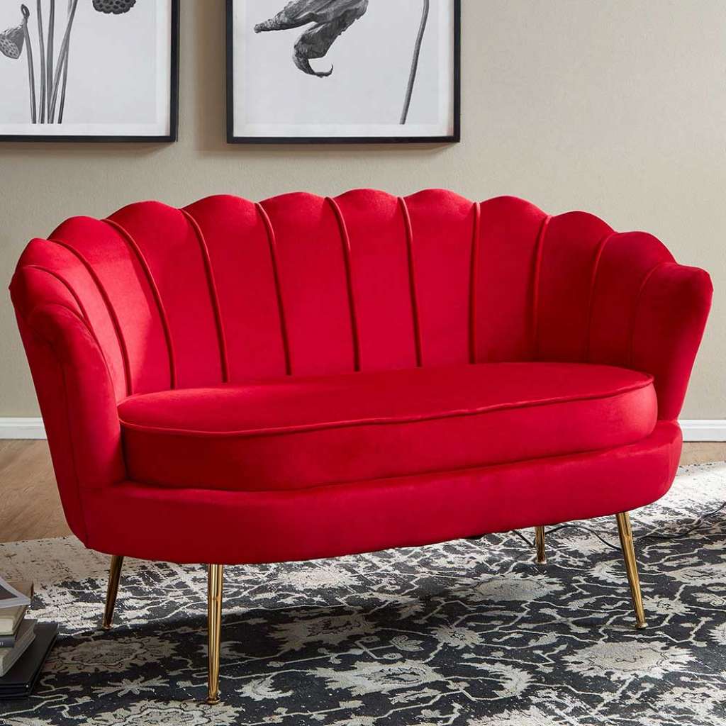 Design Couch in Rot Samt mit Armlehnen Retro Look