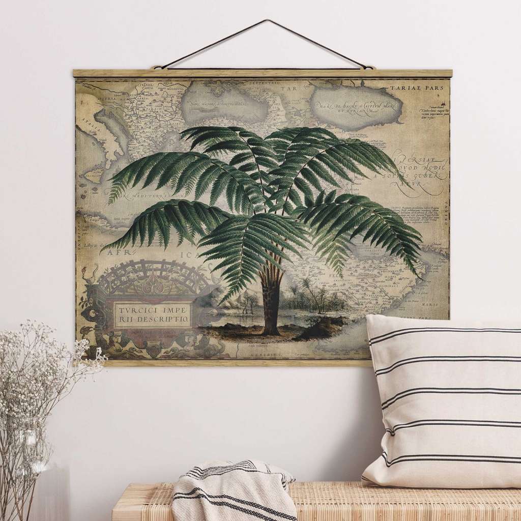 home24 Stoffbild Collage Palme & Weltkarte