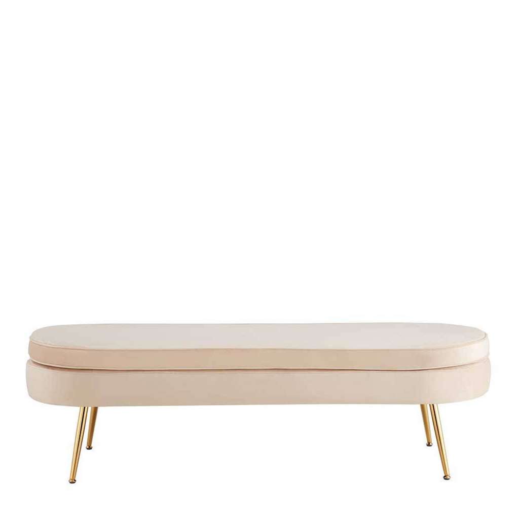 Breite Bettbank Bezug Samt in Beige Vierfußgestell Metall Gold