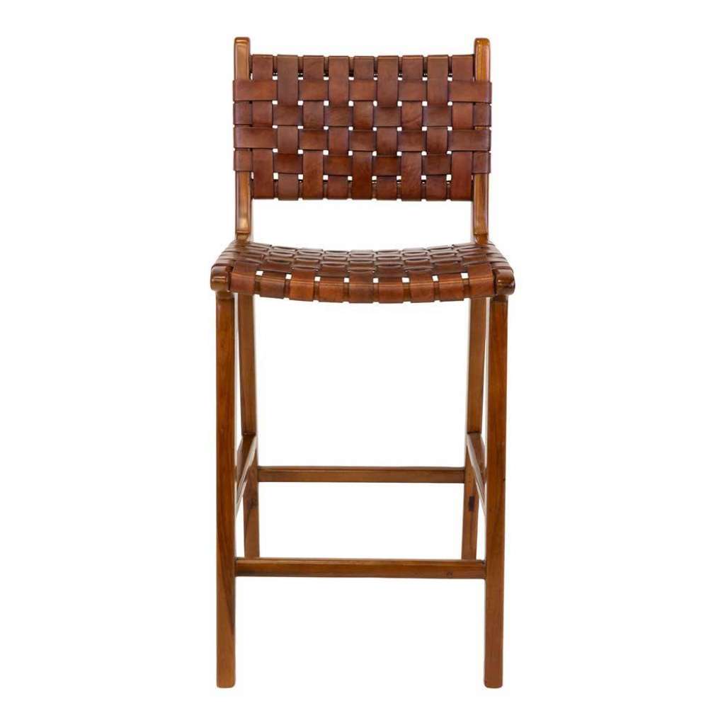 Tresen Hocker aus Teak Massivholz gedecktem Glattleder