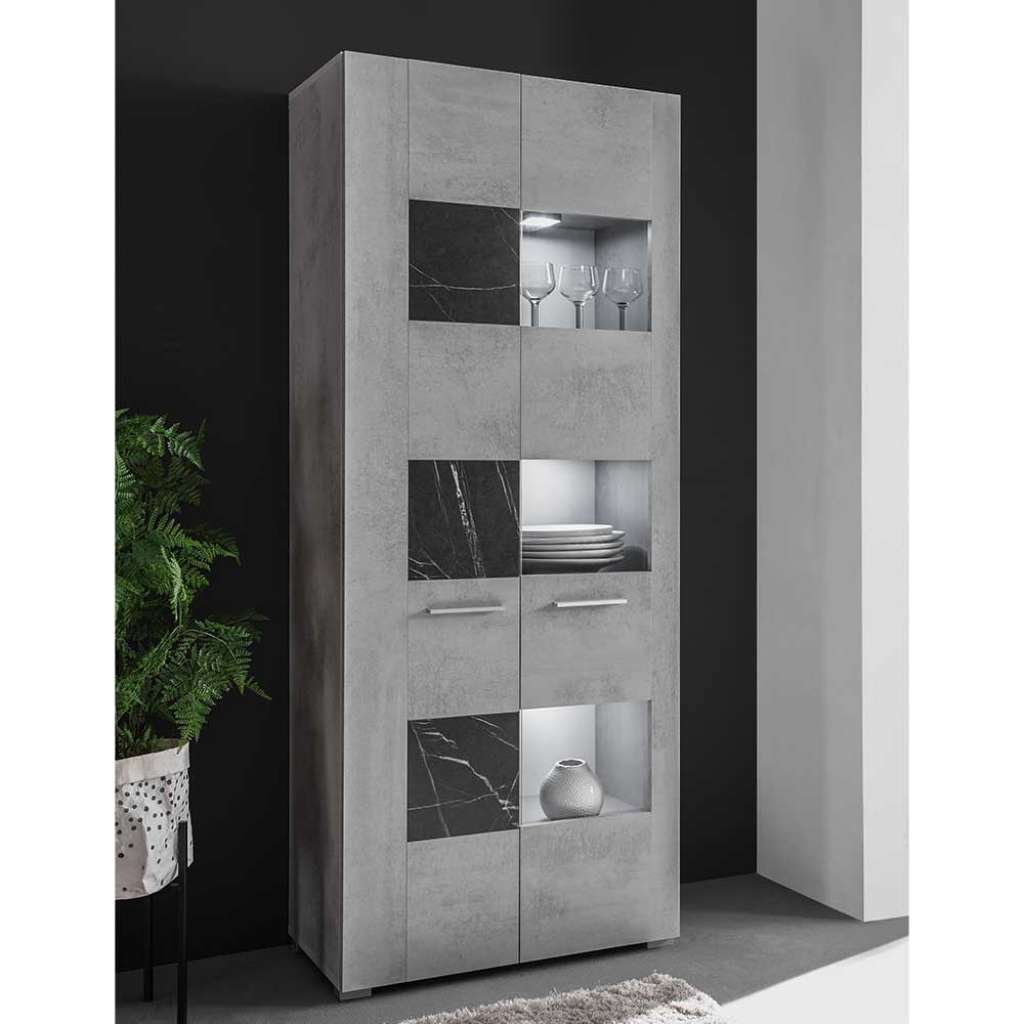 Hoher Vitrinenschrank in Beton Grau Anthrazit Marmoroptik