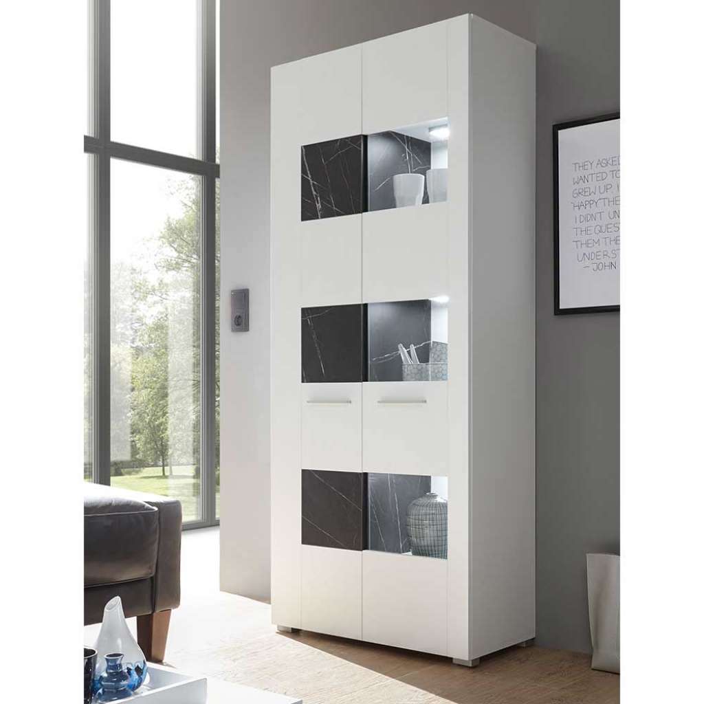 Wohnzimmervitrine in Anthrazit Marmoroptik & Weiß melaminbeschichtet