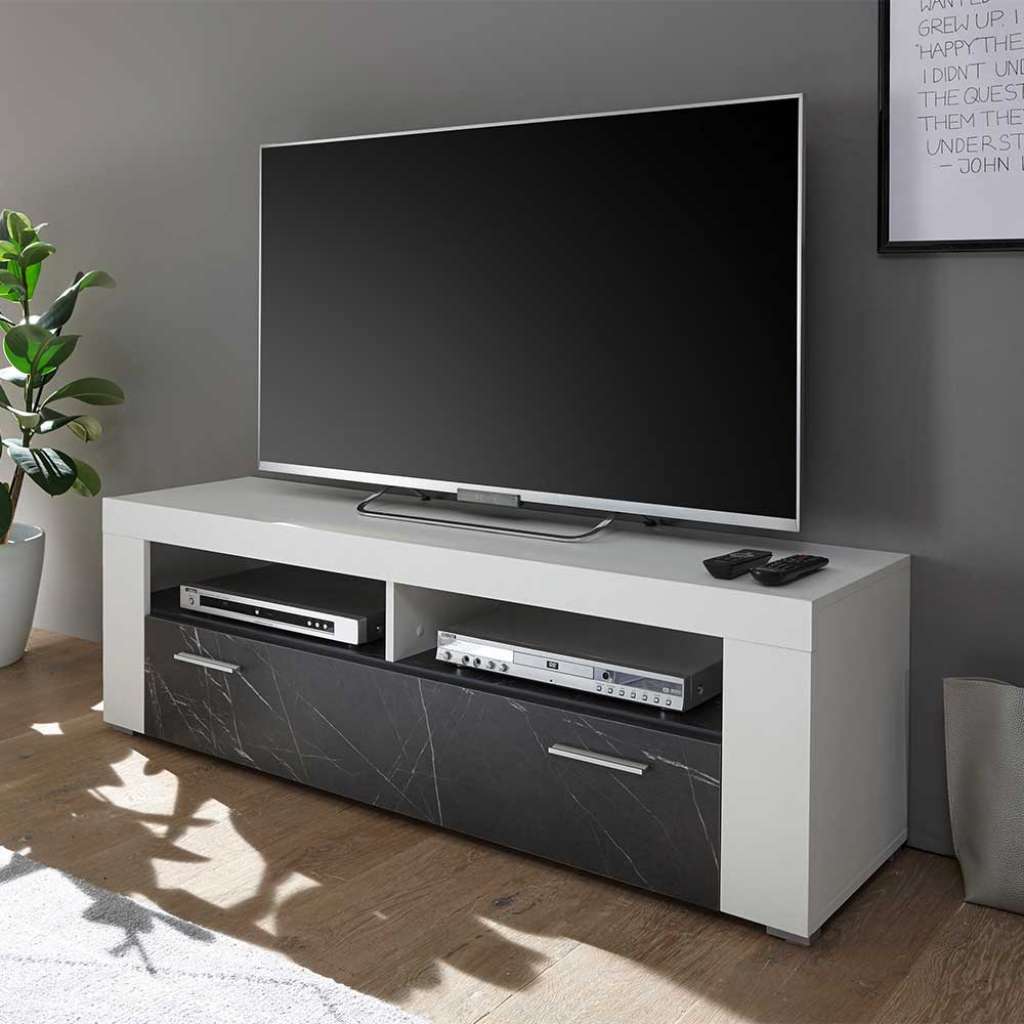 Fernseh Unterschrank in Anthrazit Marmoroptik & Weiß Gerätefächer