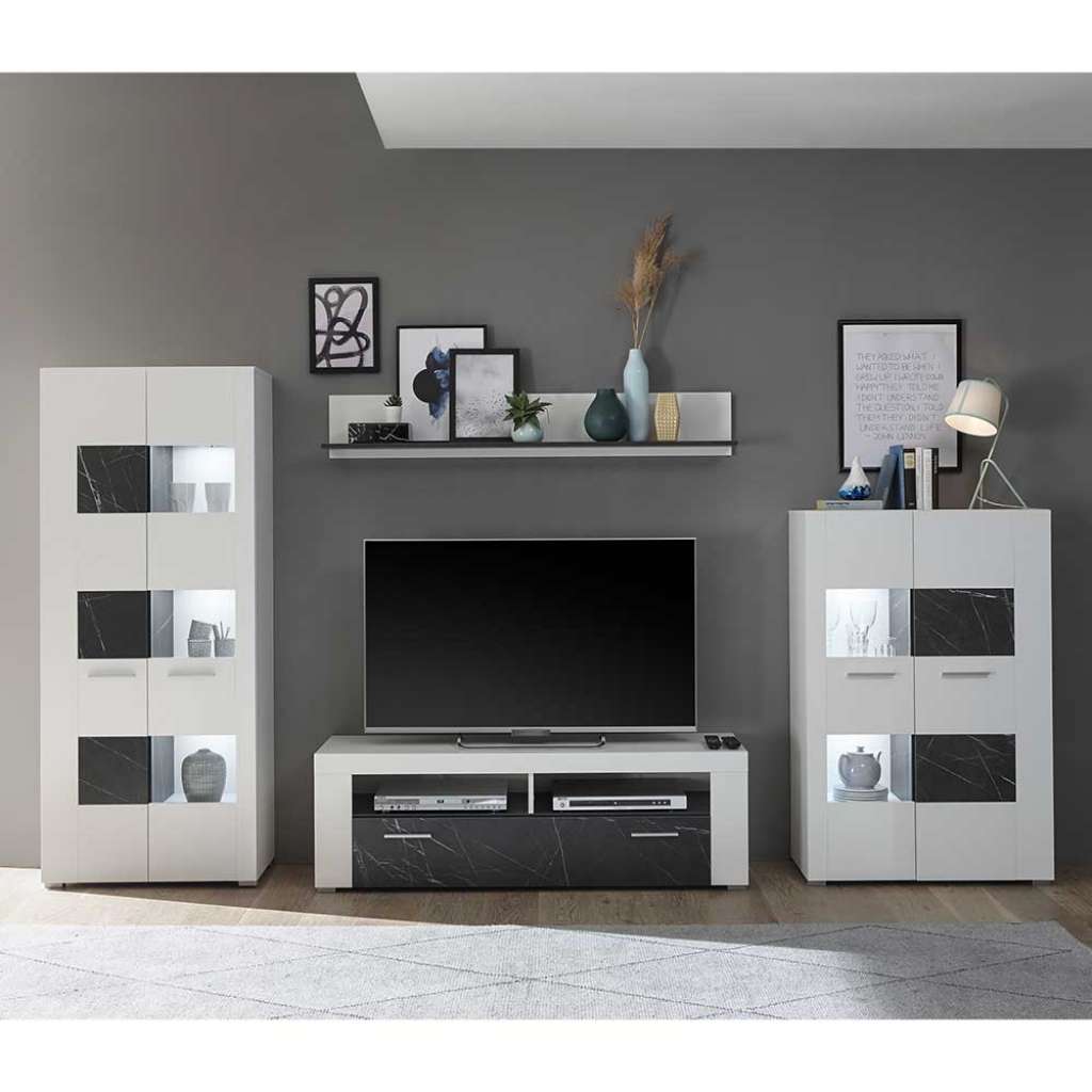 TV Wohnwand bicolor in Weiß Anthrazit Marmoroptik (vierteilig)