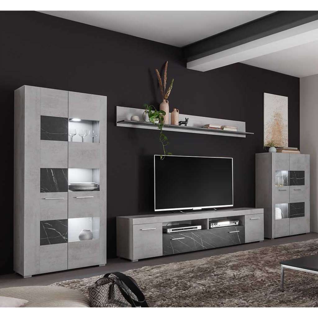 Wohnzimmeranbauwand in Betongrau Anthrazit Marmoroptik (vierteilig)