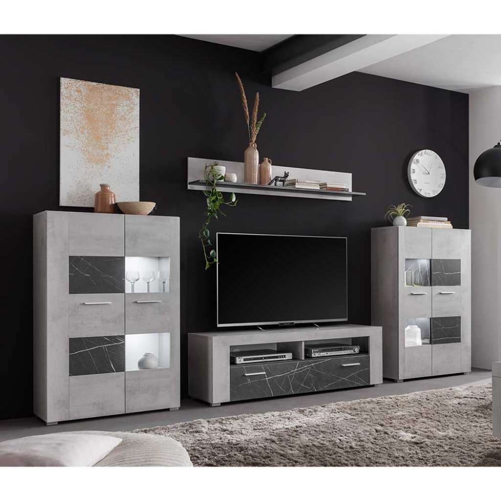 Schrankwand Wohnzimmer in Betongrau und Anthrazit Marmoroptik (vierteilig)