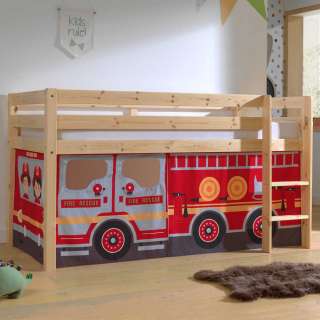 Halbhochbett mit Vorhang Set Feuerwehr Motiv Kiefer Massivholz