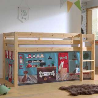 Kinderzimmerbett aus Kiefer Massivholz Vorhang Set