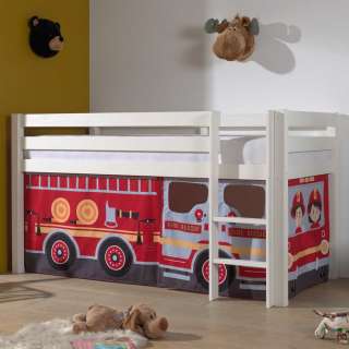 Kinderzimmerbett aus Kiefer Massivholz Vorhang Set Feuerwehr