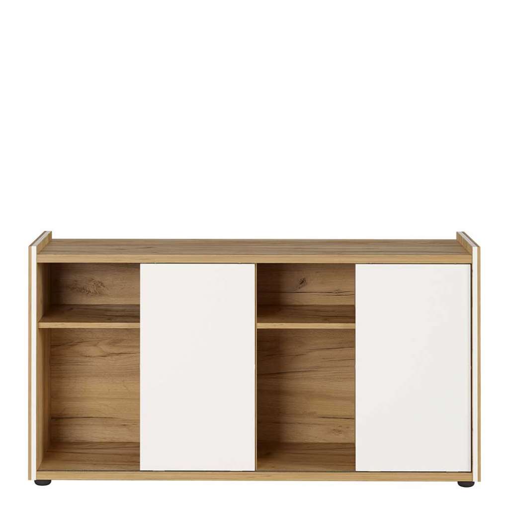 Akten Sideboard in Wildeichefarben & Weiß Türen und offene Fächer
