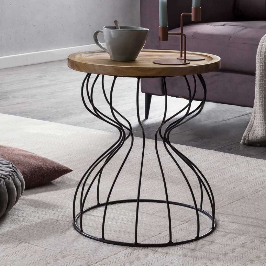 Runder Sofa Beistelltisch aus Akazie Massivholz und Metall lackiert