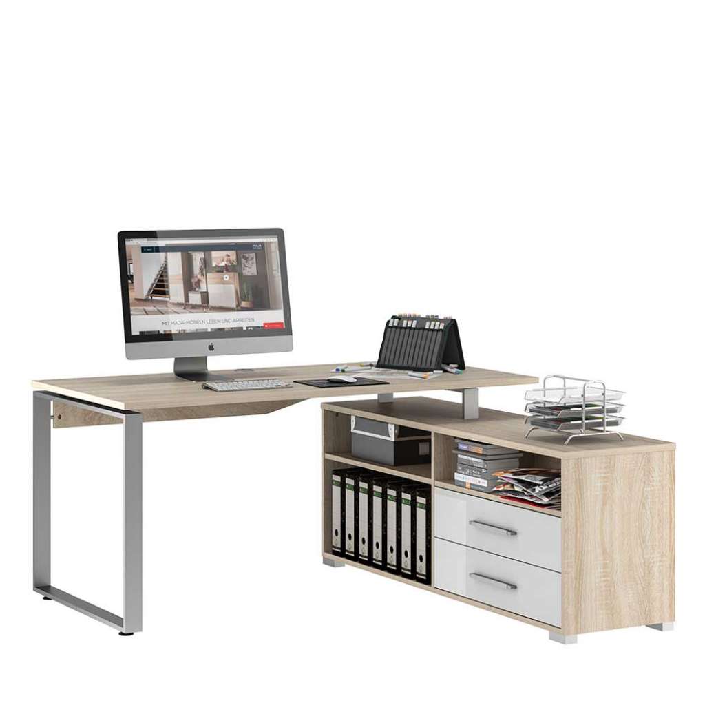 Computereckschreibtisch in Eiche Sonoma und Weiß Seitenregal und Schubladen
