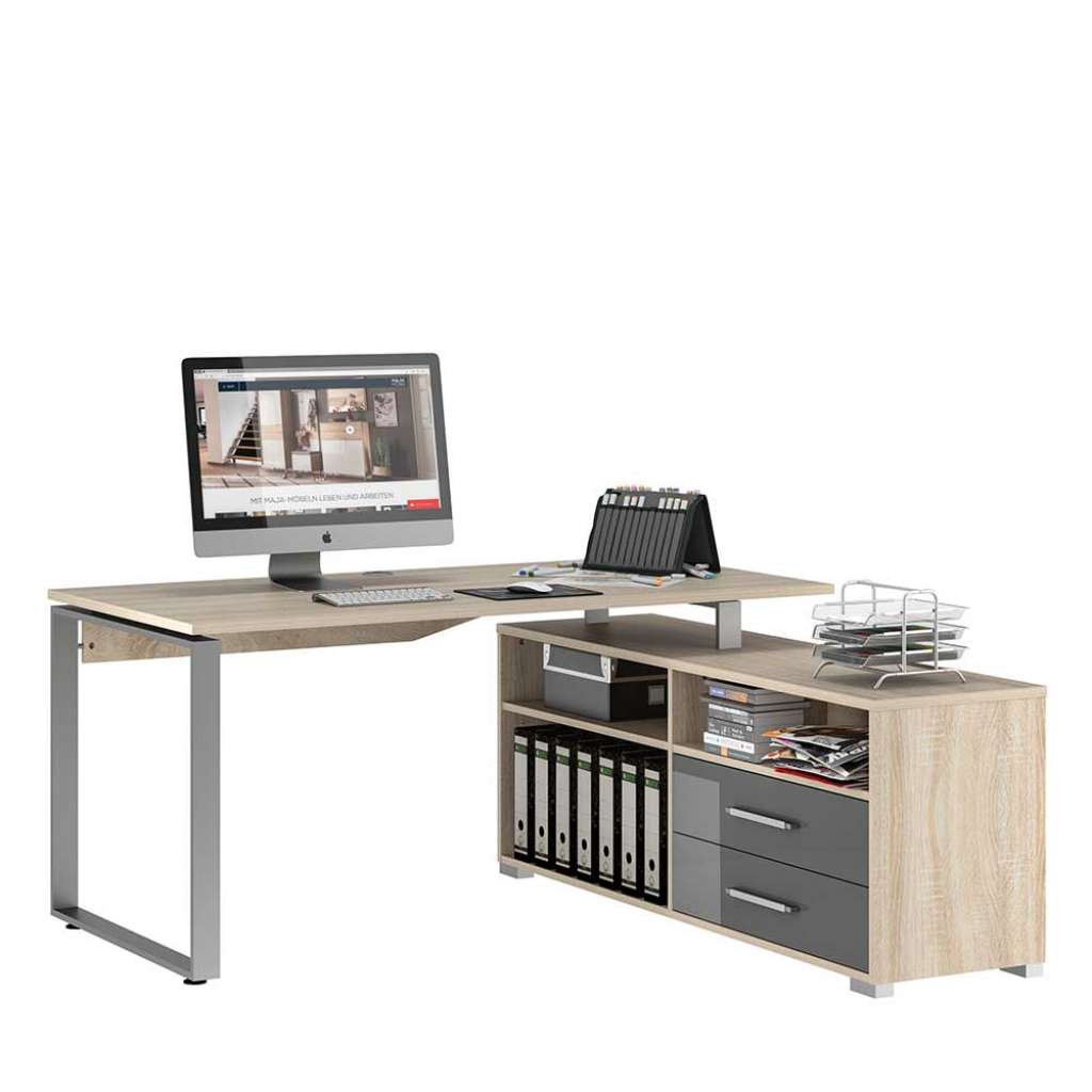 Moderner Eckschreibtisch in Eiche Sonoma und Grau Seitenregal