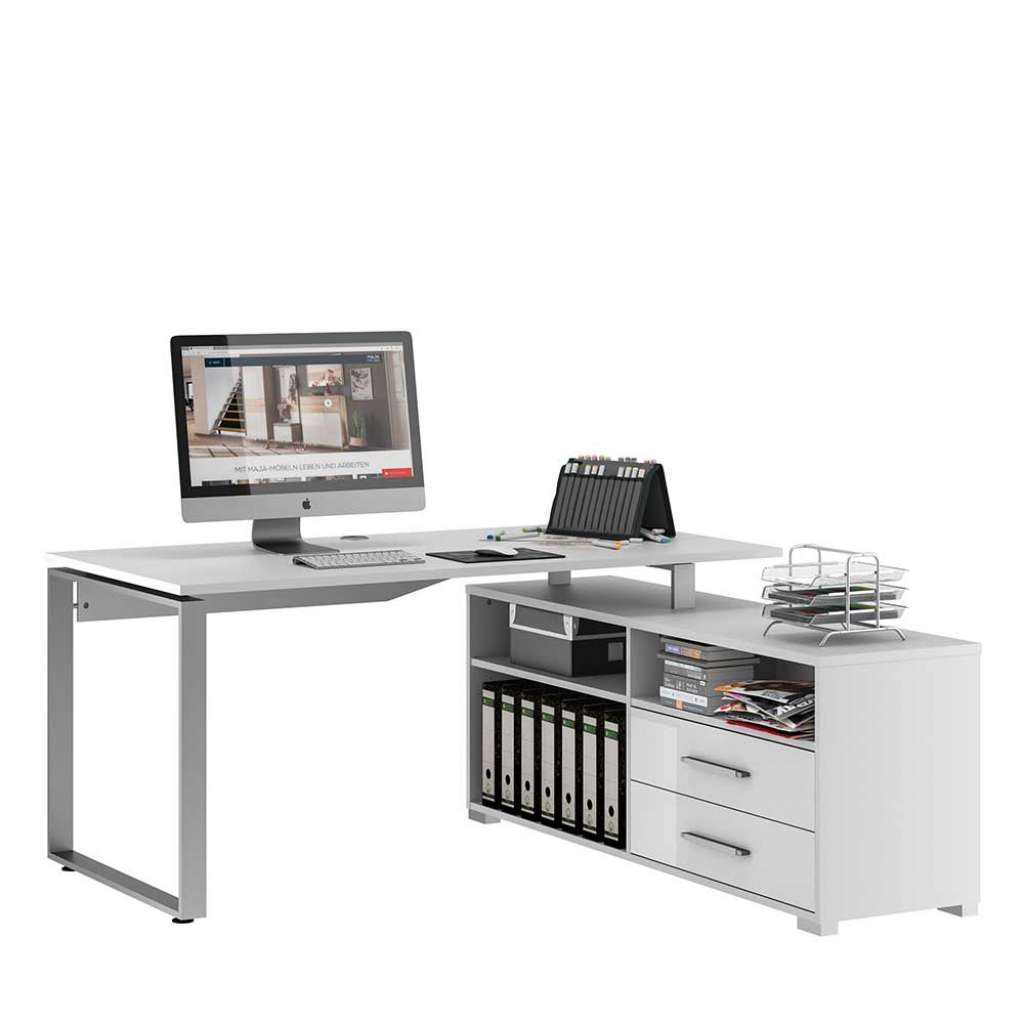 Moderner PC Eckschreibtisch in Weiß Made in Germany