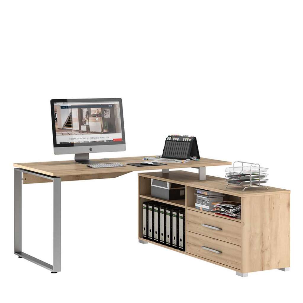 Moderner Büroecktisch in Buchefarben Regalen und Schubladen