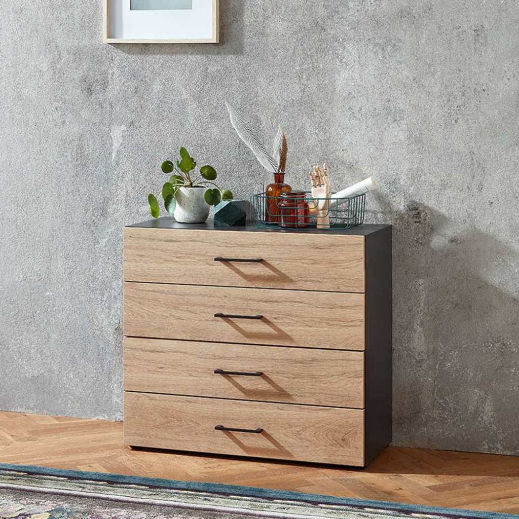 Dielenkommode mit vier Schubladen Hickory Holzoptik & Anthrazit