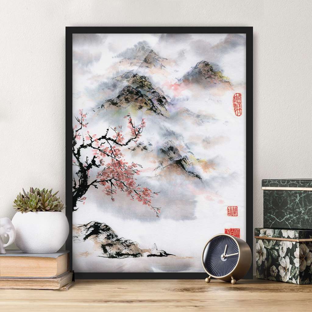 home24 Bild Aquarell Kirschbaum und Berge