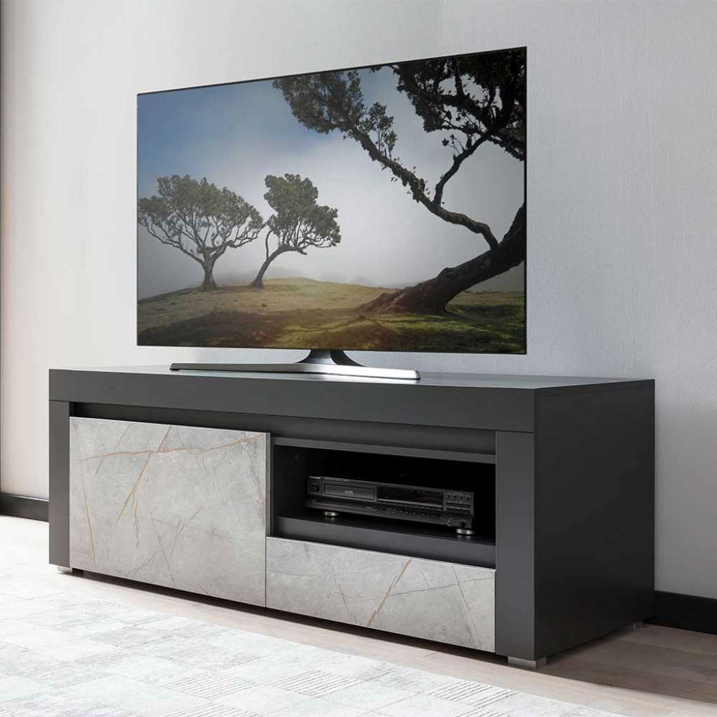 Unterschrank Fernseher 140 cm in Grau Steinoptik & Anthrazit Klappe