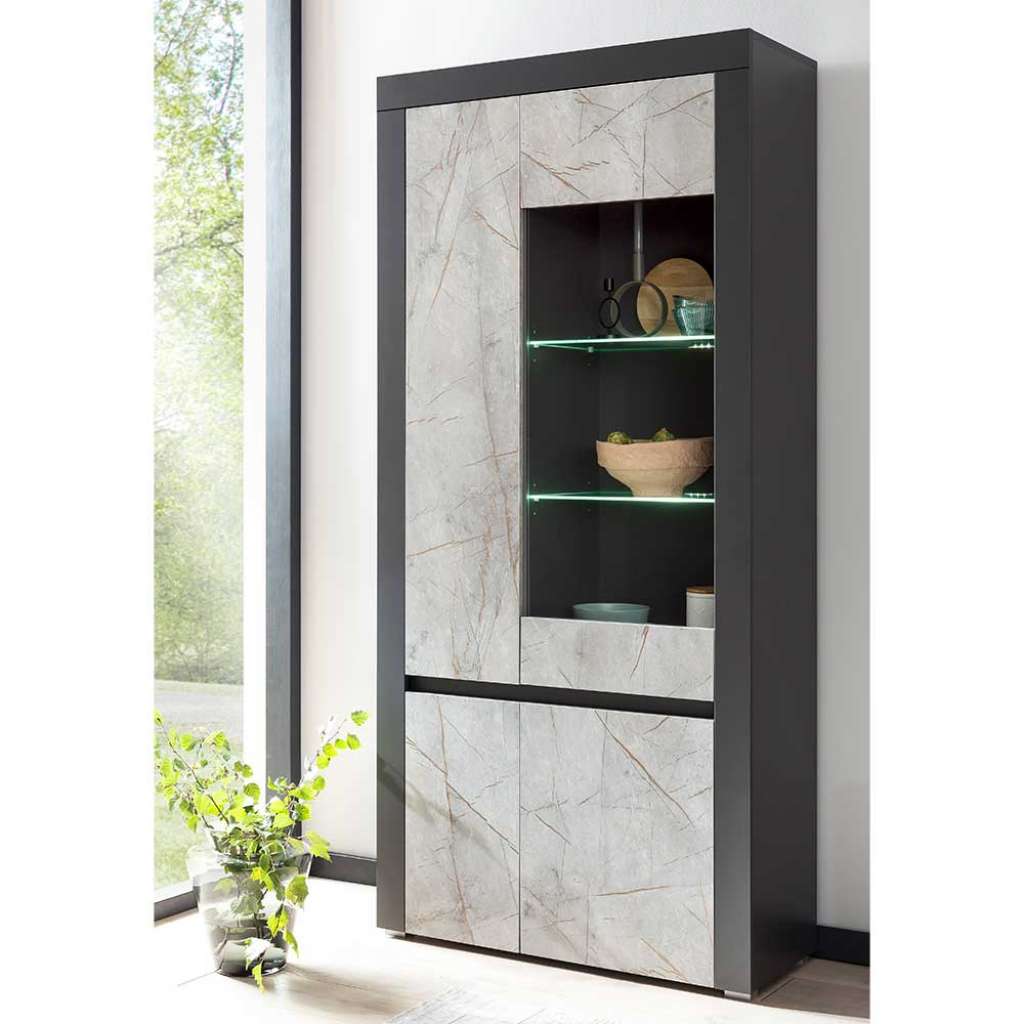 Große Esszimmer Vitrine in Grau Steinoptik & Anthrazit 4 türig
