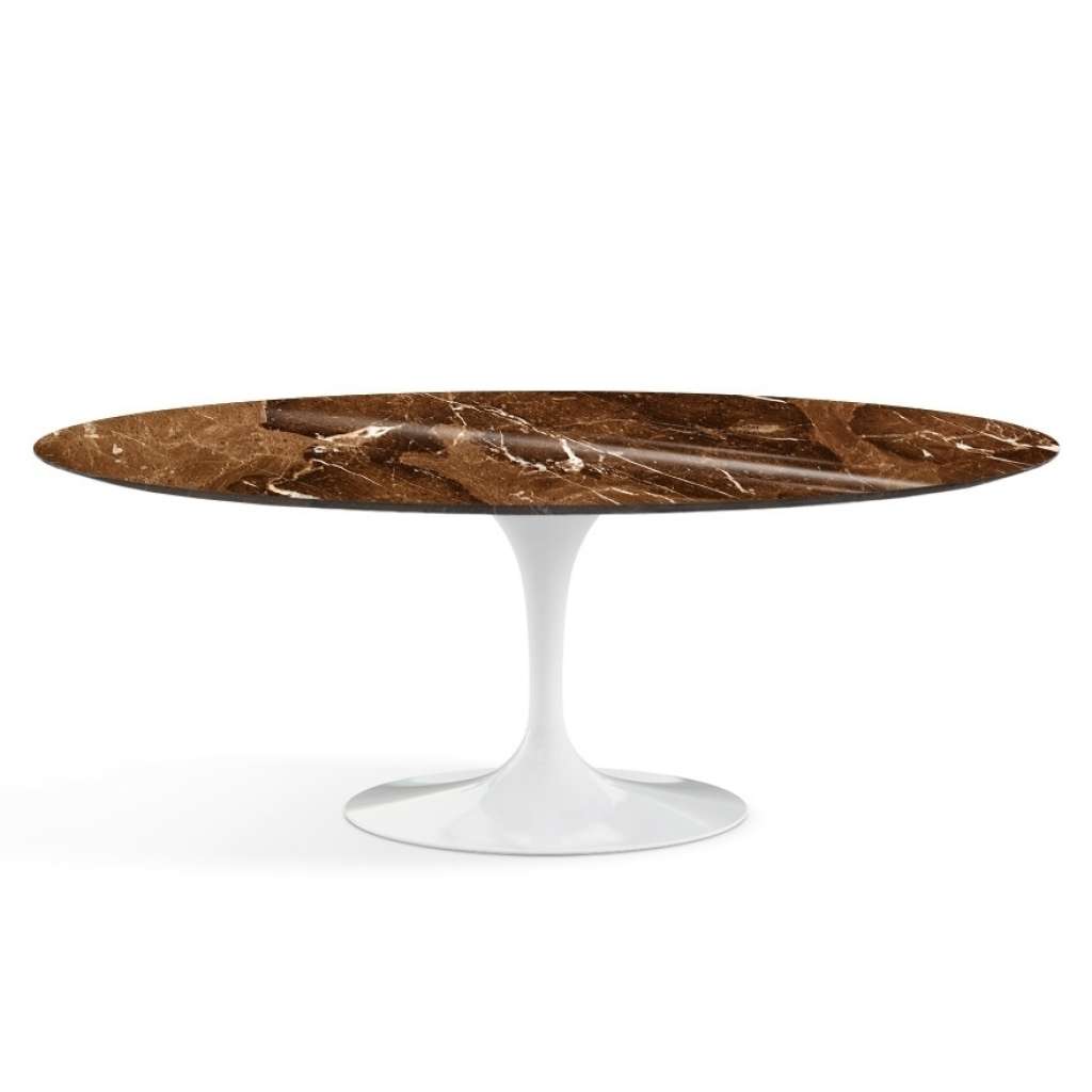 Knoll International - Saarinen Esstisch - oval - 198x121x73 - Brown Emperador Marmor - hochglänzend - Säulenfuß weiß - indoor