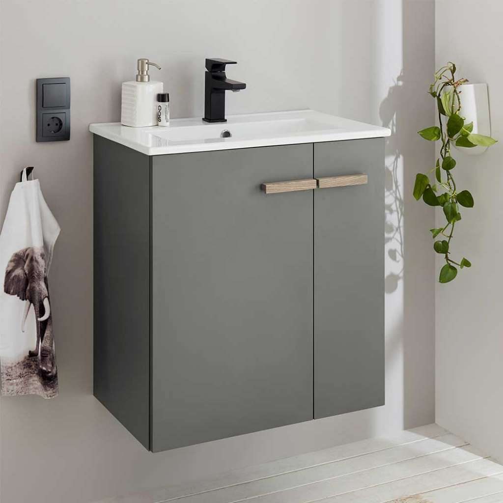 Badezimmerunterschrank in Eiche Holzoptik & Anthrazit Einlasswaschbecken
