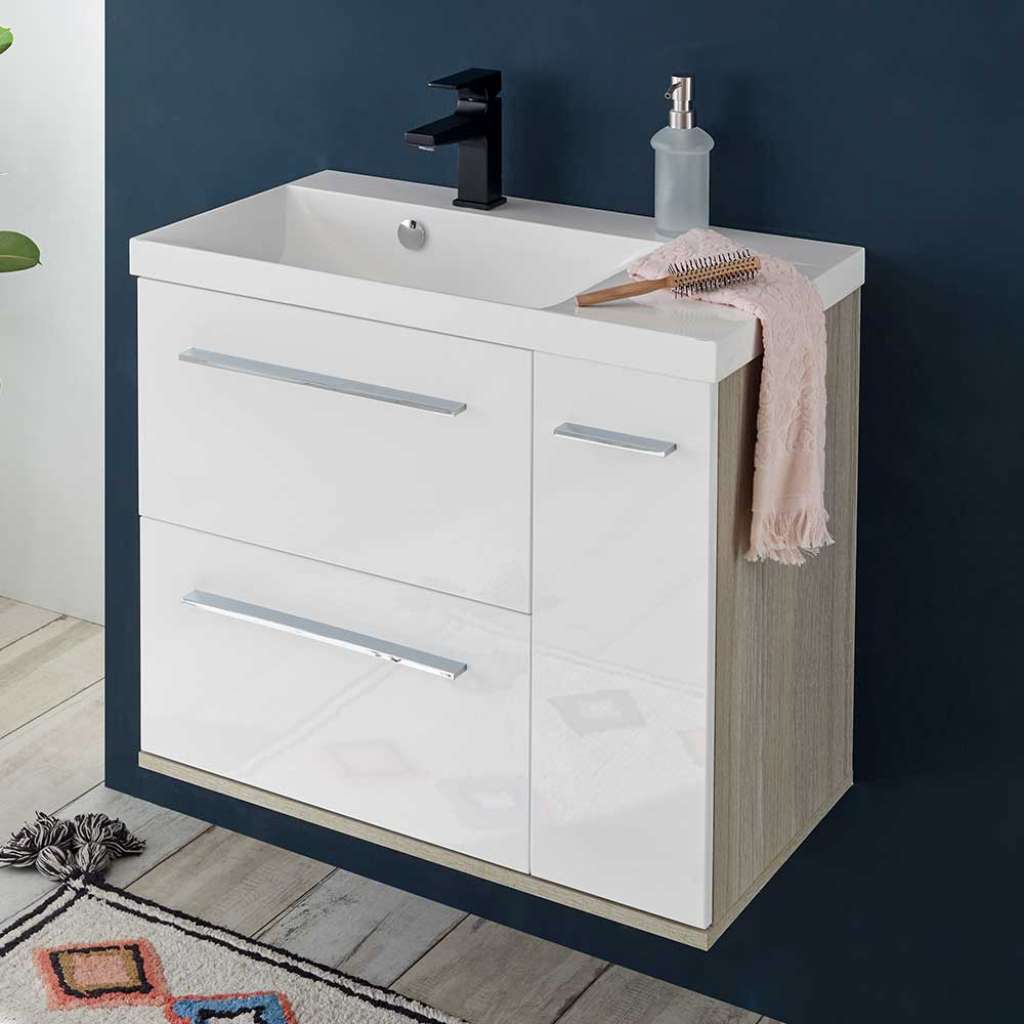 Waschtischkonsole in Weiß und Eiche Holzoptik einem Einlasswaschbecken