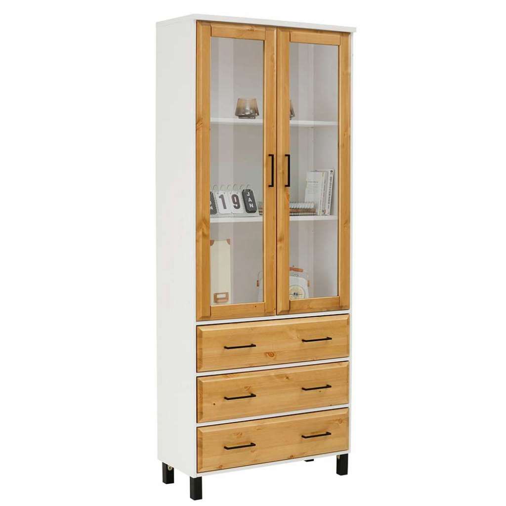 Wohnzimmervitrinenschrank aus Kiefer Massivholz Glastüren